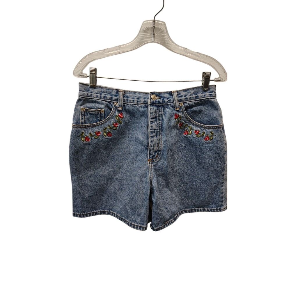 Vtg Y2K Adriana Sport Denim Shorts Womens 12 Floral Embroidered Acid Wash High R